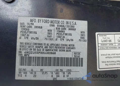 1999 Mercury Mountaineer из США, поврежденный, VIN 4M2ZU55PXXUJ02868